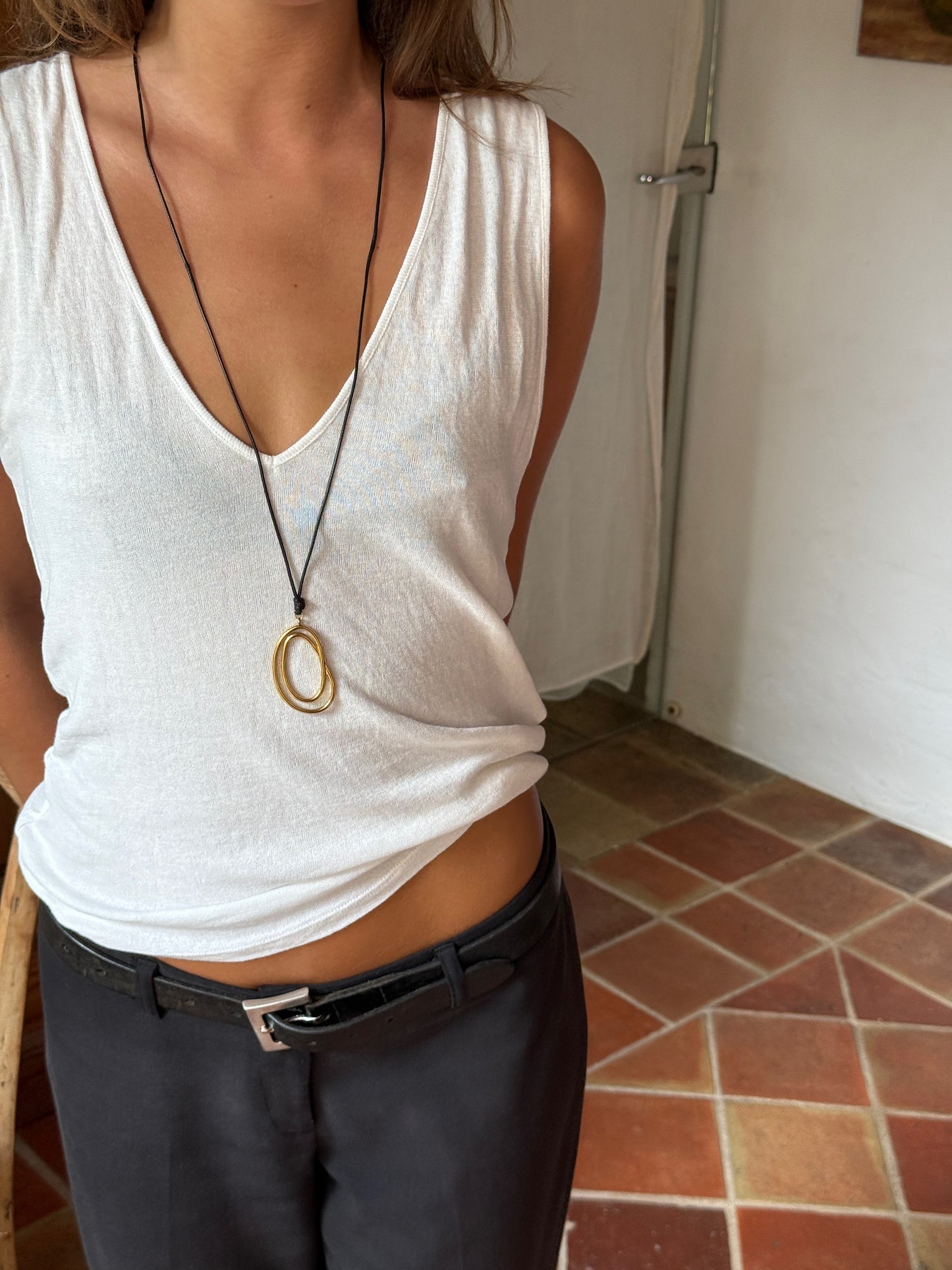 GRASSE - GOLD SWIRL NECKLACE BLACK BAND ADJUSTABLE LENGTH 18K GOLD PLATING WATERPROOF